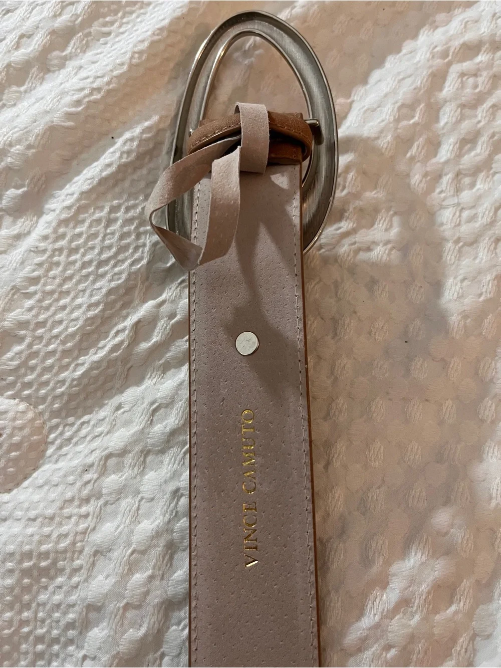 Vince Camuto Tan Suede Belt with Silver Oval Buckle